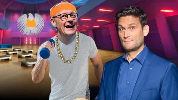 Friedrich Merz in einem Aerobic-Anzug in einem Fitnessstudio unter dem Bundesadler. Daneben Christian Ehring. (extra 3 vom 13.03.2025 im Ersten)
(Bild hat KI-generierte Elemente) © NDR 