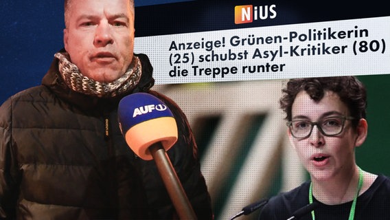 Thumbnail von ZAPP Grüne Politikerin mit Brille und kurzen braunen Haaren. Auf der linken Seite ein Mann mittleren Alters, der in ein Mikrophon von AUF1 spricht. Rechts oben der Text: Anzeige! Grünen-Politikerin (25) schubst Asyl-Kritiker (80) die Treppe runter. © NDR 