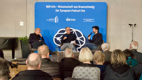 Prof. Sighard Neckel, Moderator Patric Seibel und Prof. Stefan Malthaner (v.l.n.r.) bei der Diskussionsveranstaltung zum Thema Protestforschung im Haus der Wissenschaft in Braunschweig. © NDR Foto: Jenny von Gagern